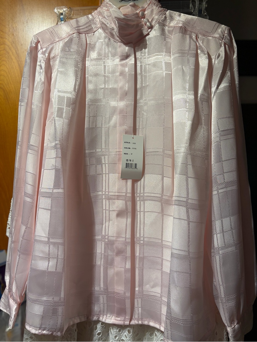 NWT Vintage Deadstock Yves St. Clair Pale Pink Satin High-Neck Blouse - Picture 2 of 6